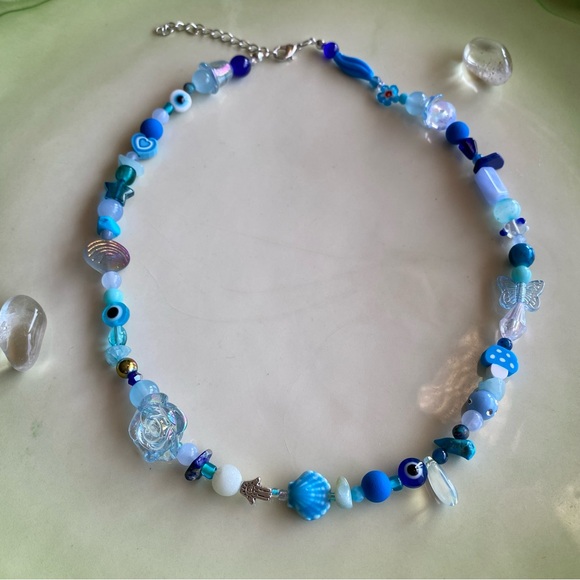 Ethereal Realms Blue Tone Beaded Necklace Silver Mushroom Roses Heart Hamsa - Picture 3 of 7